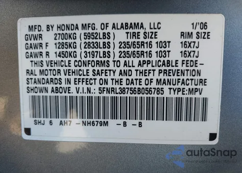 2006 Honda Odyssey Exl z USA, uszkodzony, nr VIN 5FNRL38756B056785